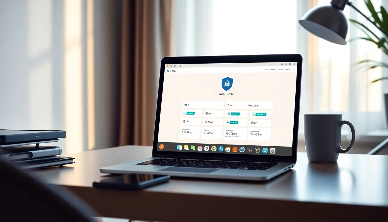 在现代工作空间的笔记本电脑上显示的快连 VPN 界面。
