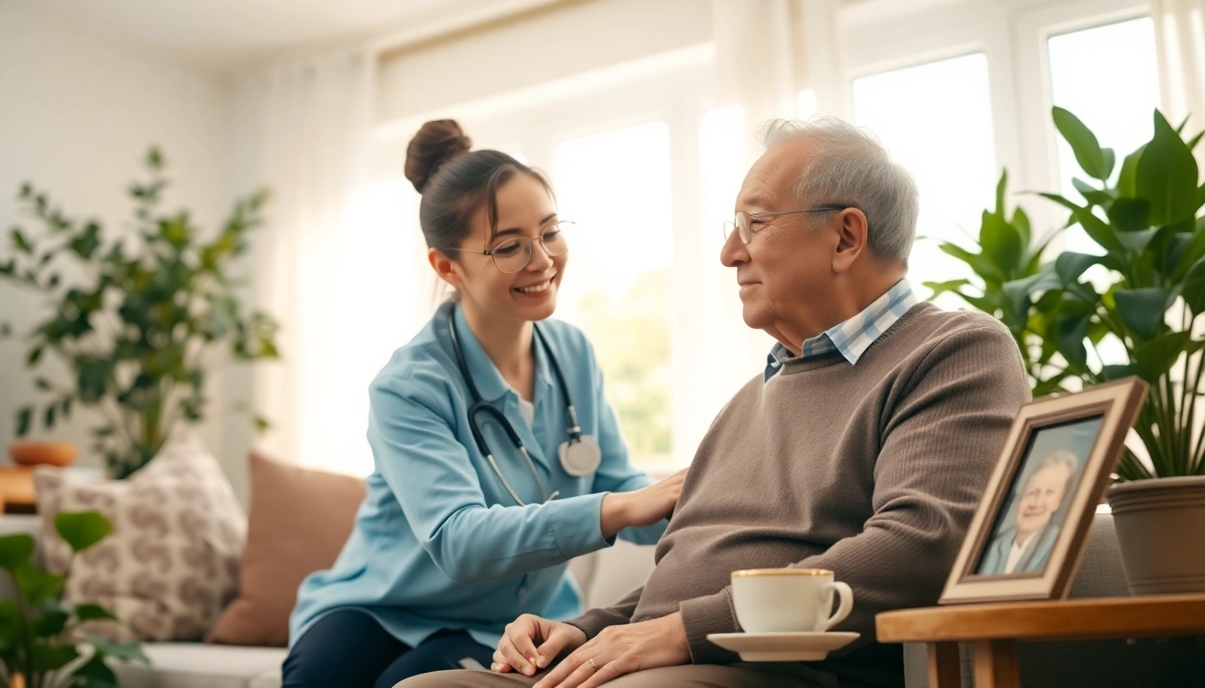 Engaging at home health care services near me with a caregiver and senior in a bright living room.