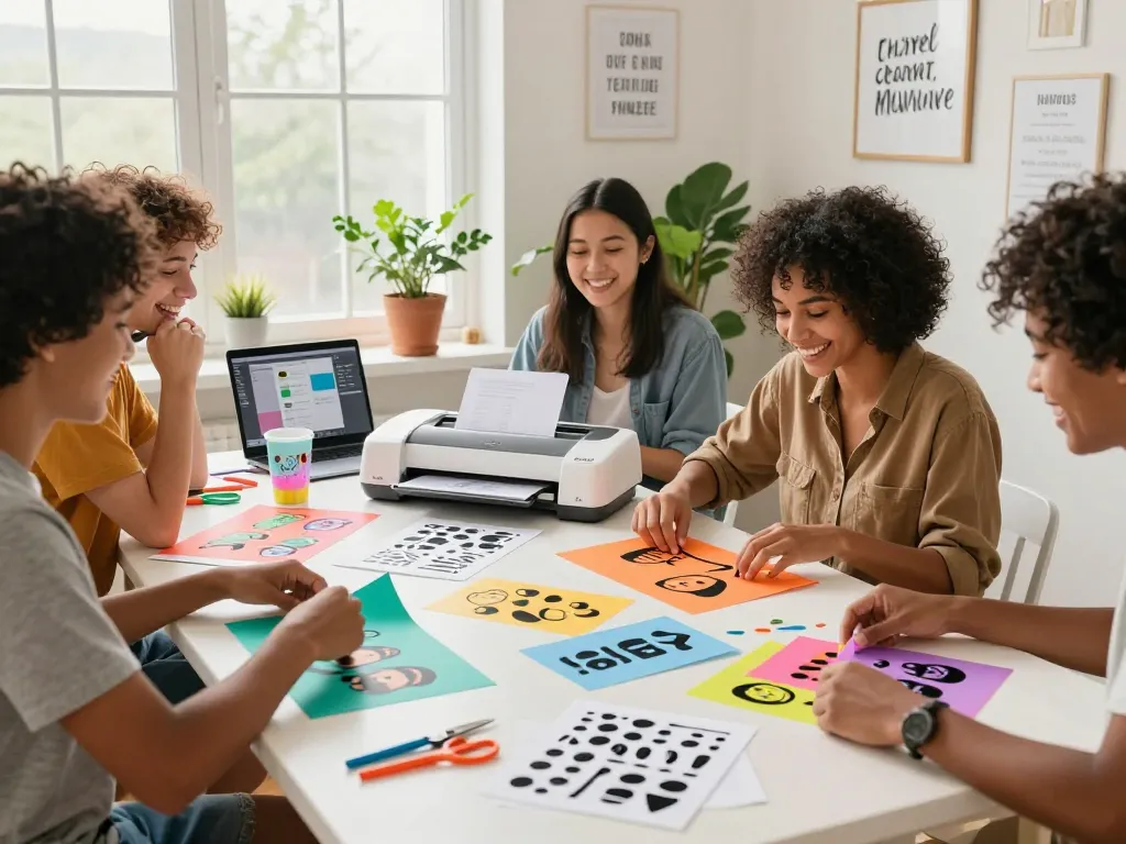 Friends crafting colorful tumbler designs using cricut svg bundle files in a bright workspace.