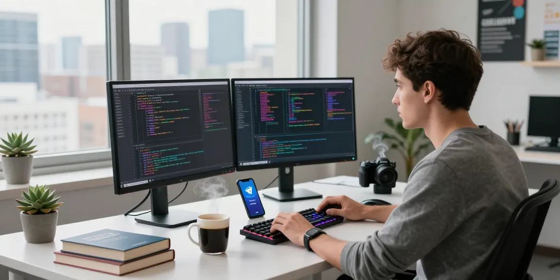 Dynamic tech workspace showing a developer coding with 纸飞机下载 app interfaces, multiple monitors, and vibrant city view.