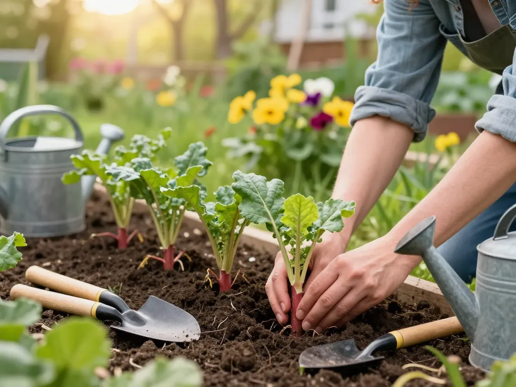 Rabarber stekken kopen being planted in a vibrant garden, showcasing gardening activities.