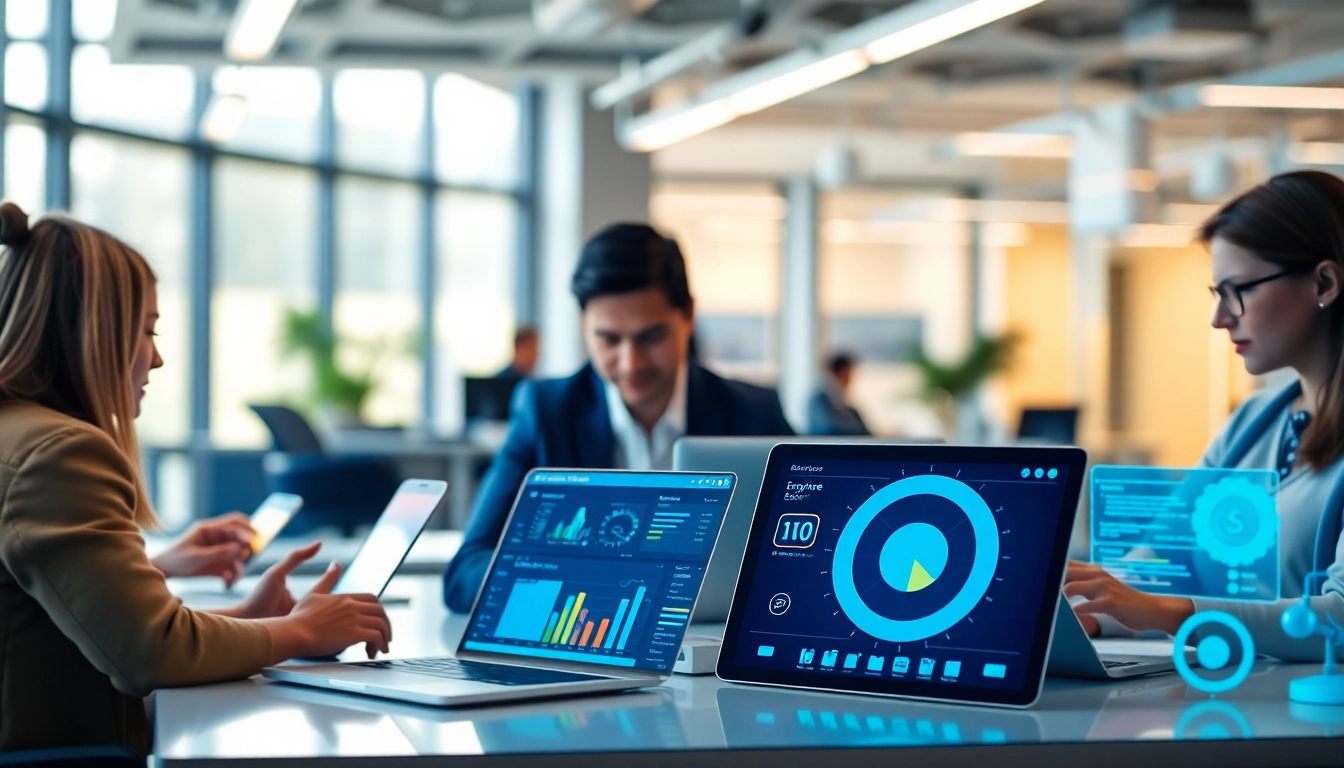 Showcase of an enterprise ai assistant in a modern workspace with professionals engaged.
