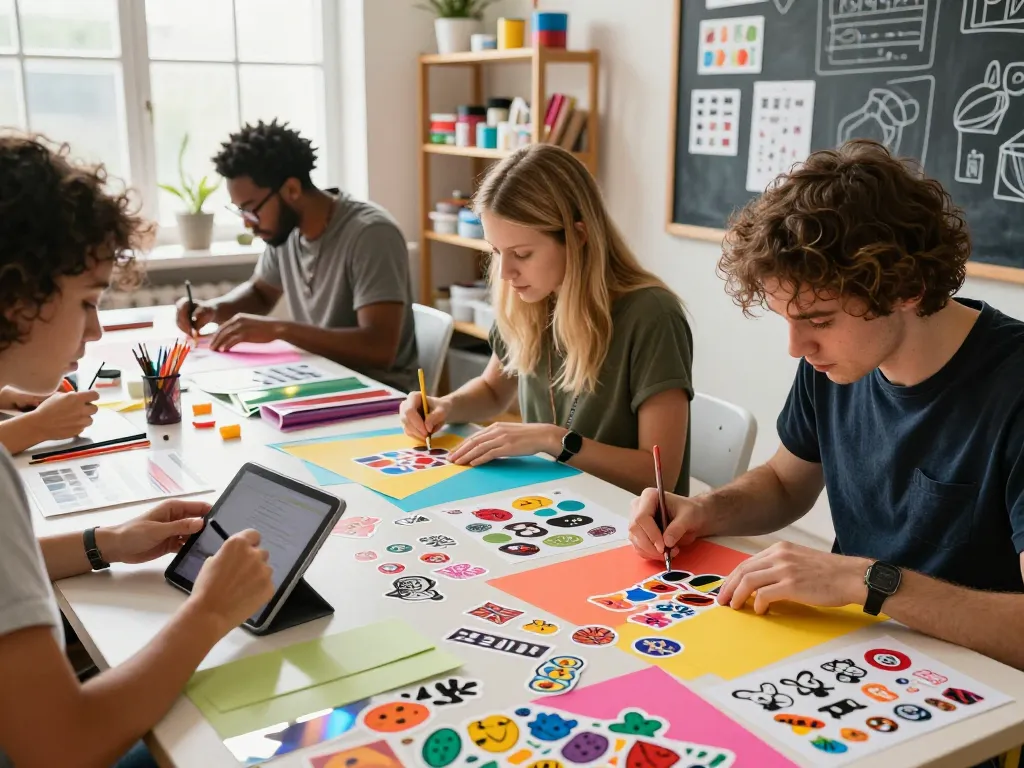 Artists creating custom stickers with vibrant colors and materials in a lively workshop.