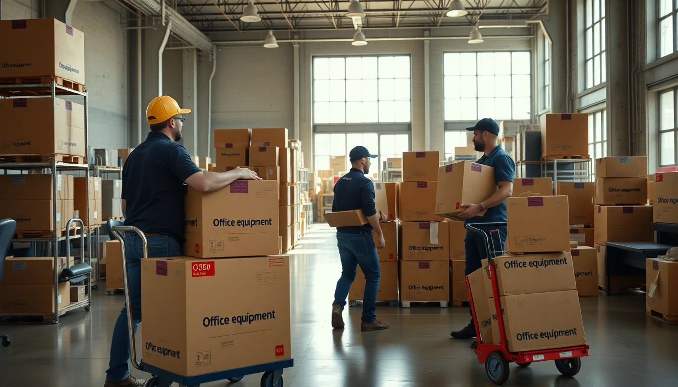 Chicago commercial moving company team efficiently packing and transporting office equipment.
