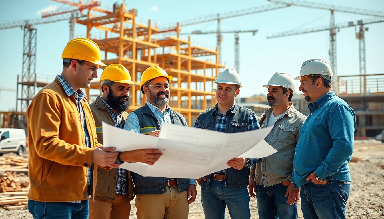 New Jersey General Contractor team collaborating on a construction site with blueprints.