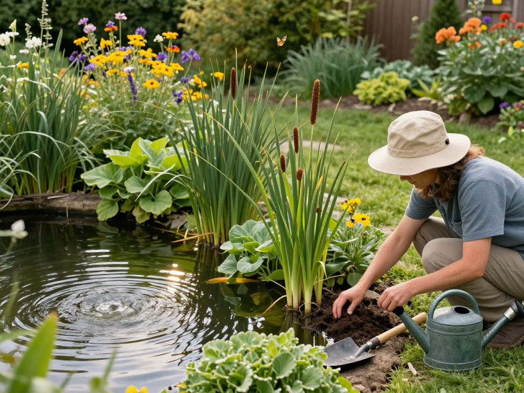 Marginal Pond Plants flourishing in a home garden pond, with a gardener planting new additions.
