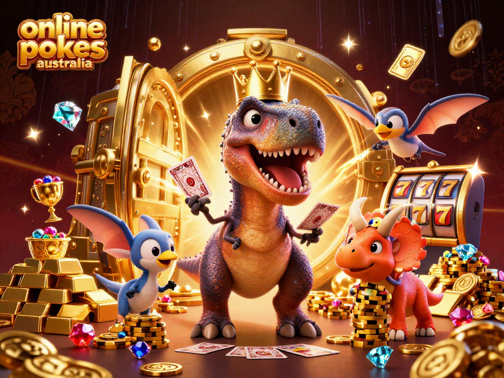Engage with the thrilling world of online pokies Australia amidst animated characters, shimmering treasures, and slot reels