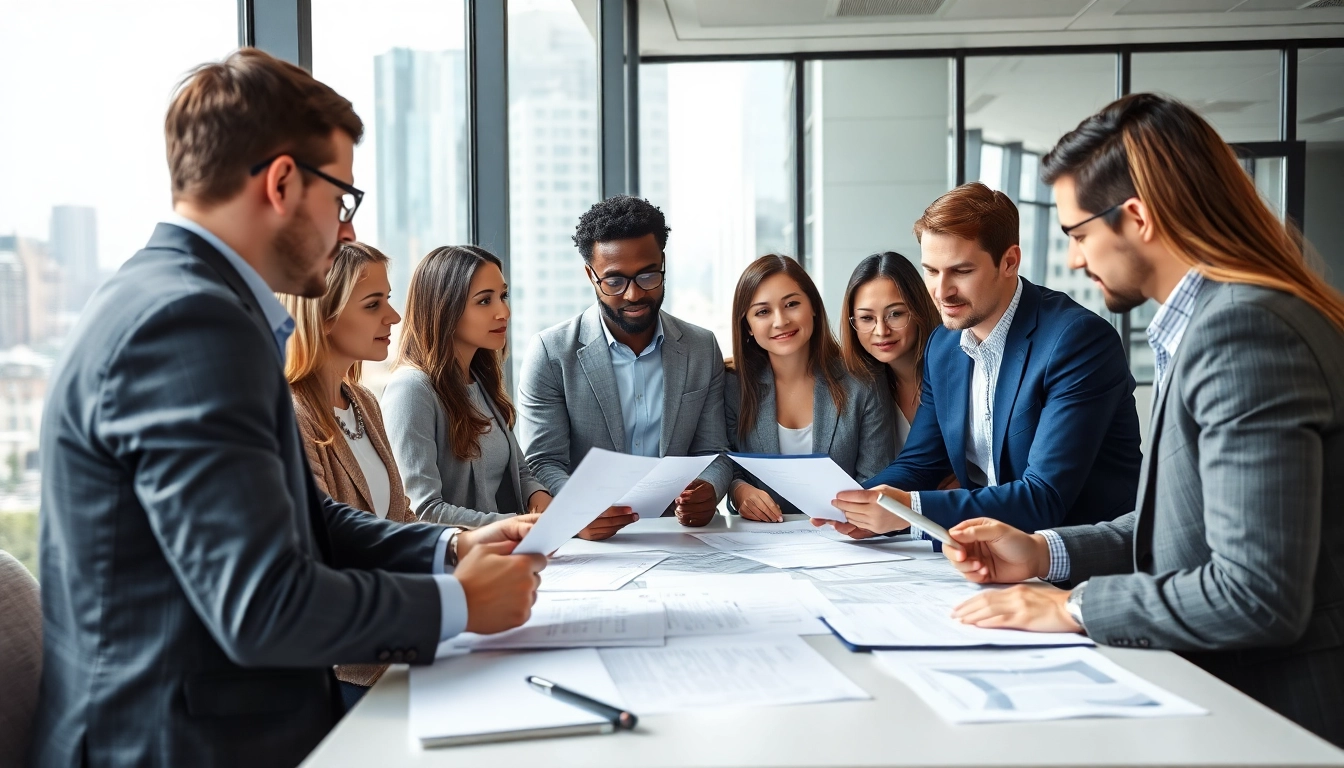 Evaluate contracts and grants with diverse professionals in a modern office setting.