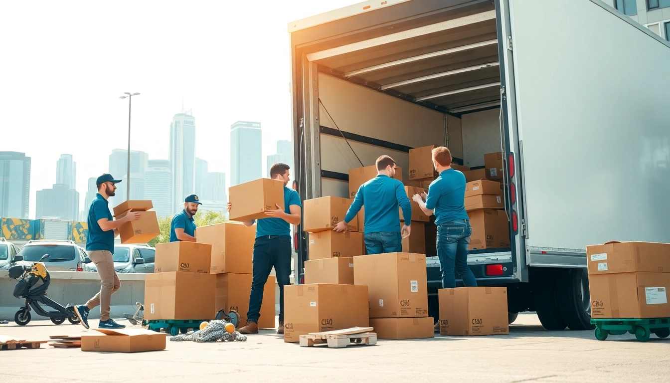 Efficient removals near me team packing items in an urban environment with modern trucks.