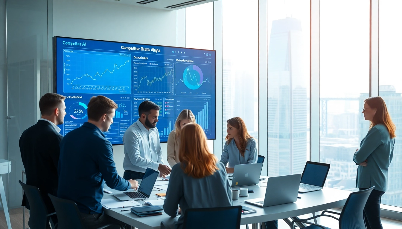 Dynamic AI for competitor analysis scene illustrating a team analyzing data in a modern office setting.