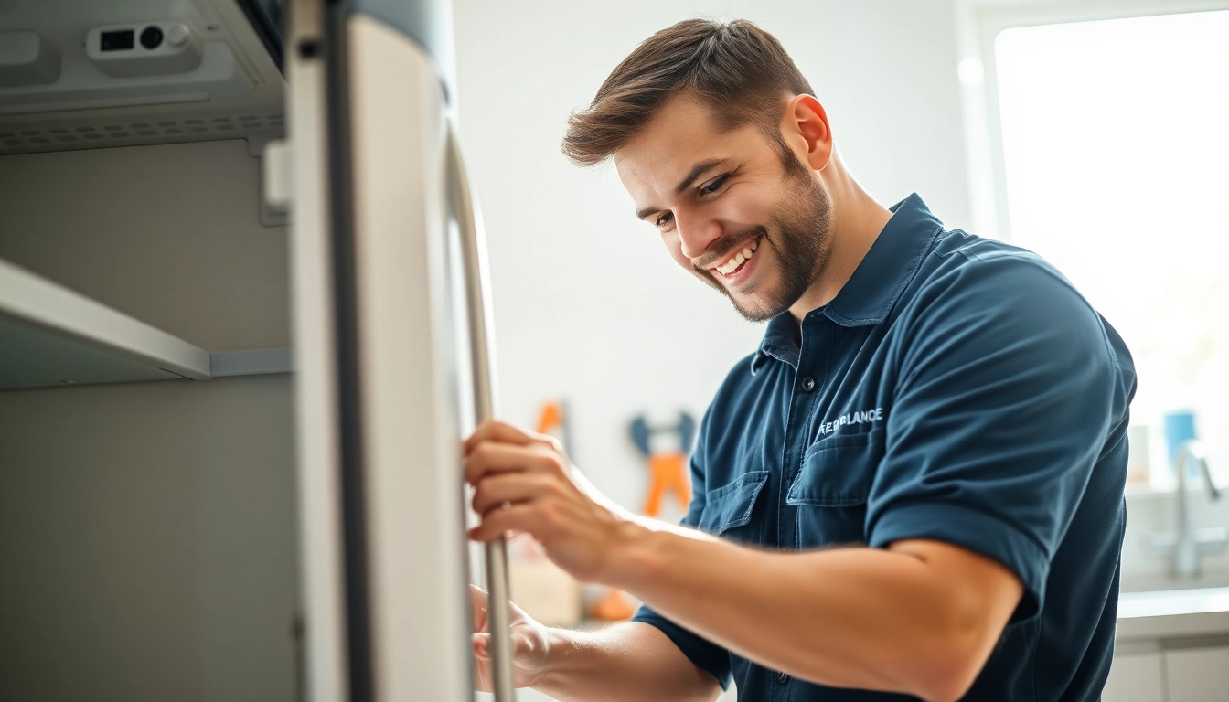 Appliance repair near me showcased by a smiling technician fixing a refrigerator in a bright kitchen.