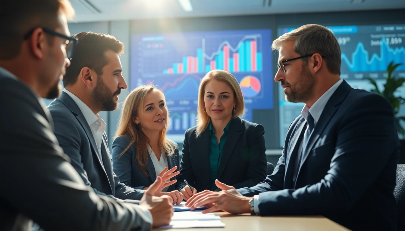 B2B mystery shopping interaction among professionals analyzing market strategies in a modern office.