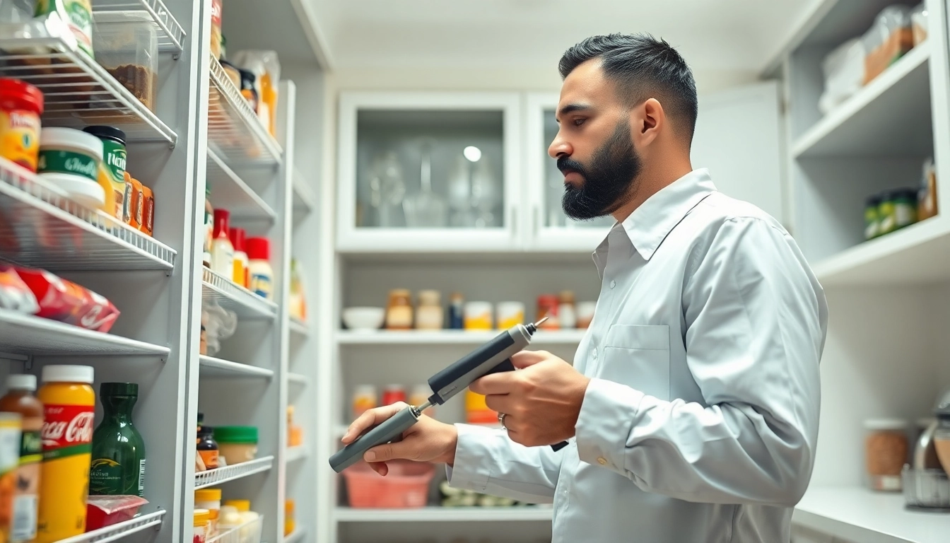 Experienced pantry pest exterminator inspecting kitchen shelves for infestations.
