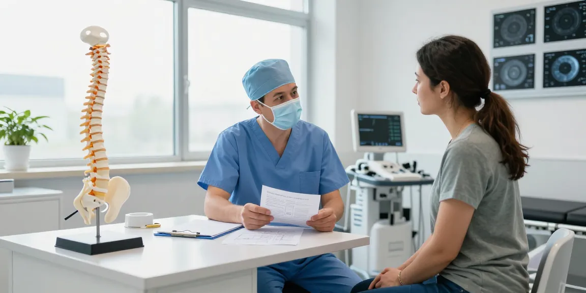 Patient discussing bel fıtığı ameliyatı options with a surgeon in a clean clinic.