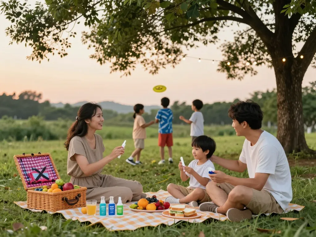 Family applying the best mosquito repellent during a picnic at sunset.