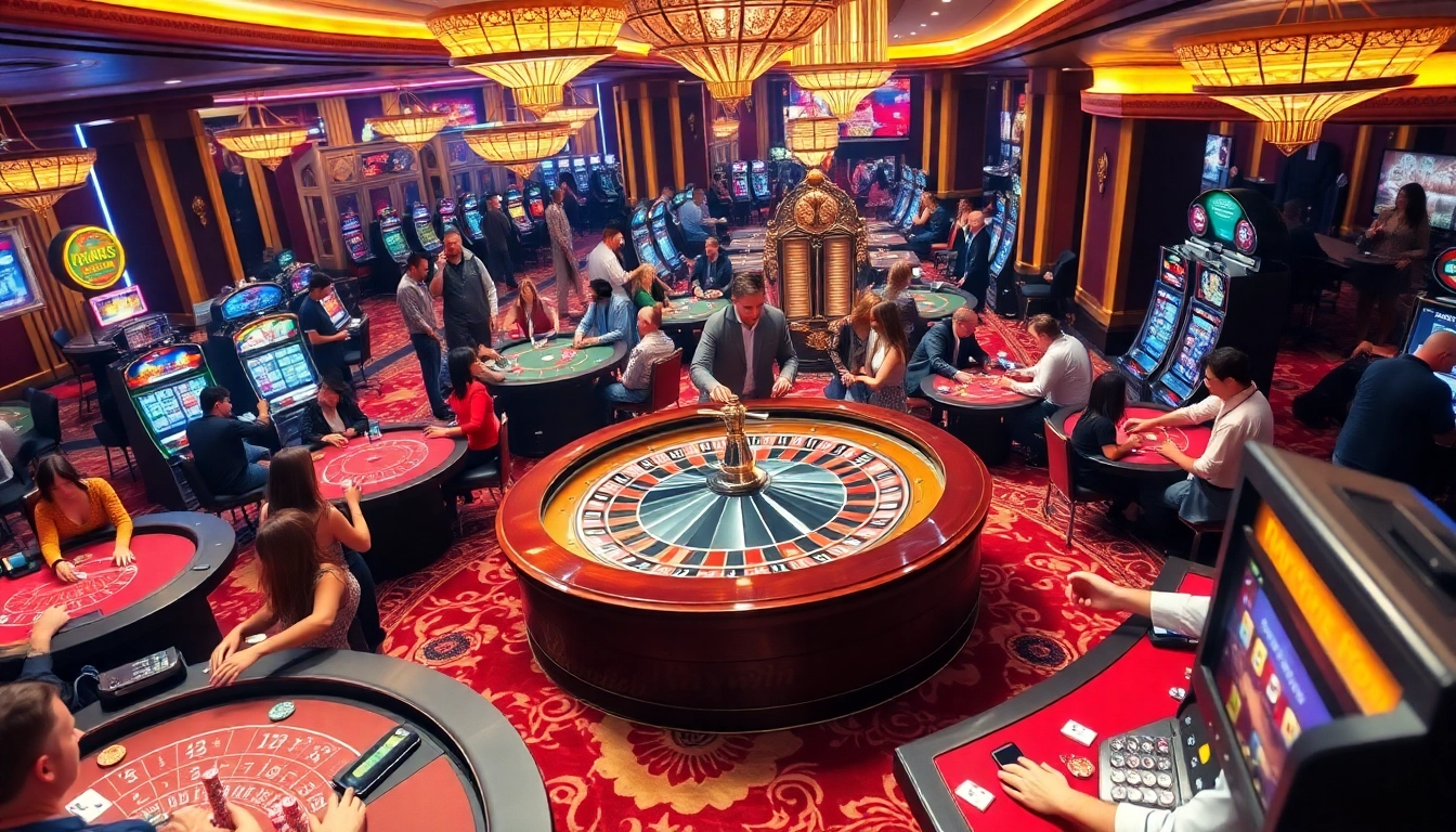 Experience thrilling gambling at Haywin casino, with players engaged at vibrant roulette and poker tables.