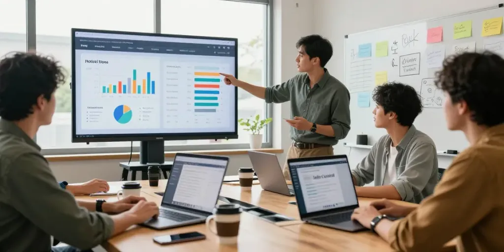 Team at an amazon agency collaborating on advertising strategy with performance analytics.