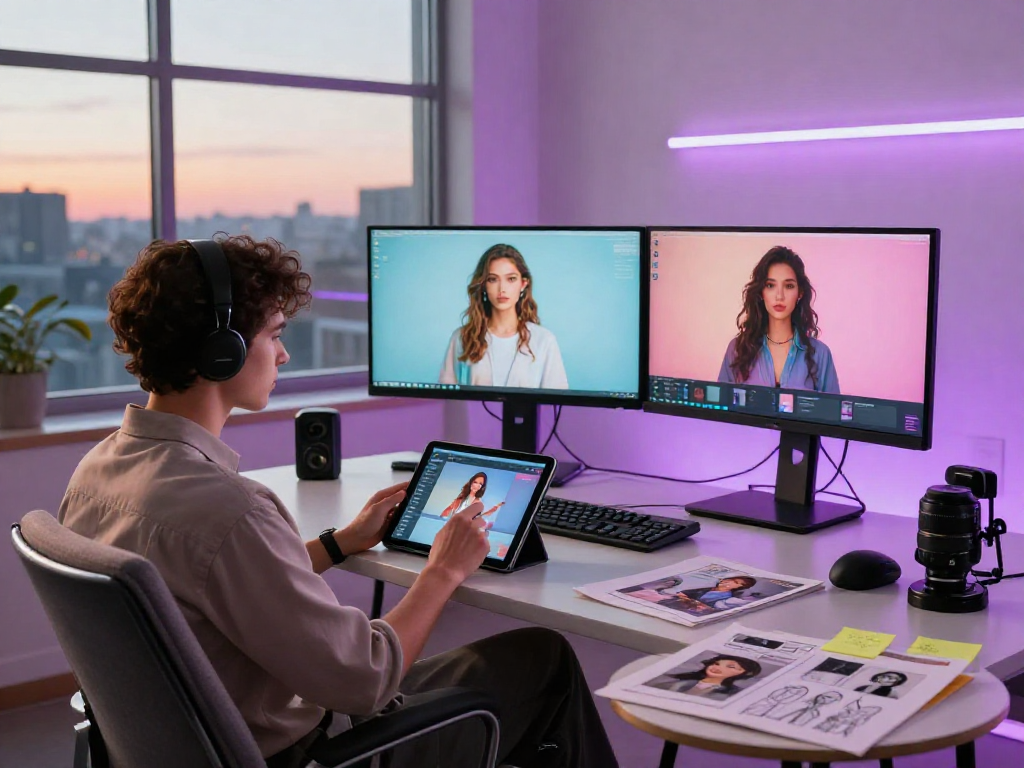 Creative workspace showcasing AI porn content development process with dynamic visuals