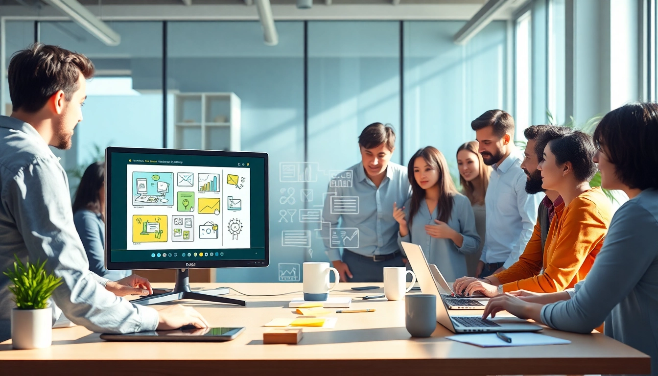 Erklärvideo Erstellung mit einem Team in einem modernen Büro, die kreative Ideen besprechen.