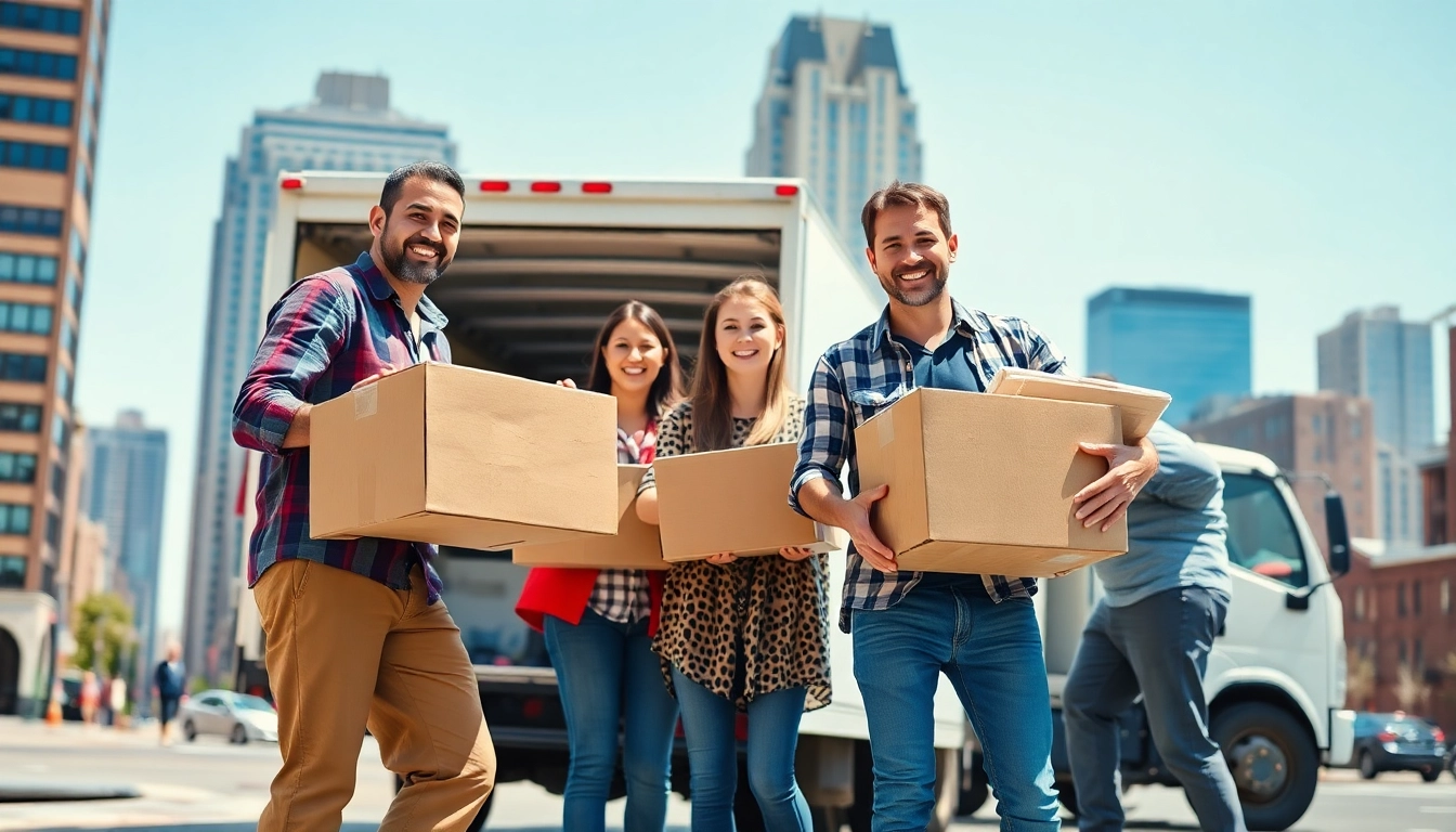 Local movers Boston helping a family during their move with a moving truck in the background.