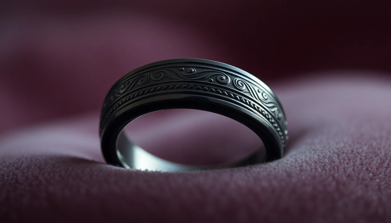 Exquisite black zirconium rings featuring intricate designs and polished finishes.