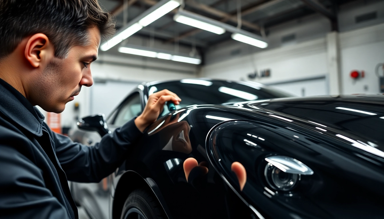 Clear Bra installer applying paint protection film on a black sports car for optimal finish.