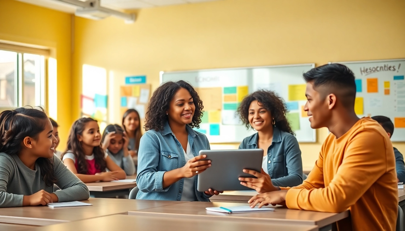 Engaging Education scene showcasing diverse students and a teacher in a modern classroom.