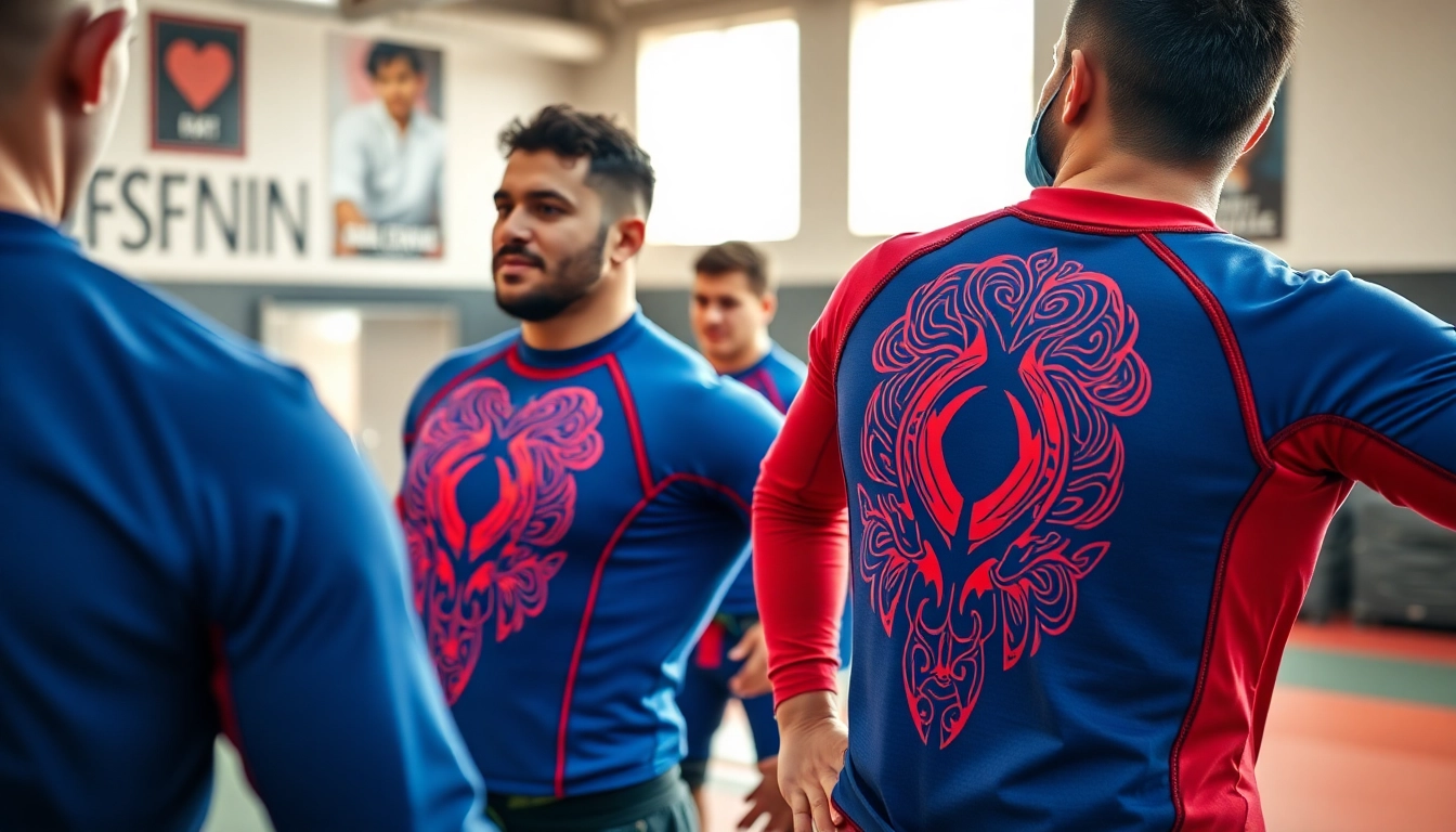 Athletes training wearing BJJ Rash Guard Sets showcasing vibrant colors and durable design in a dojo.