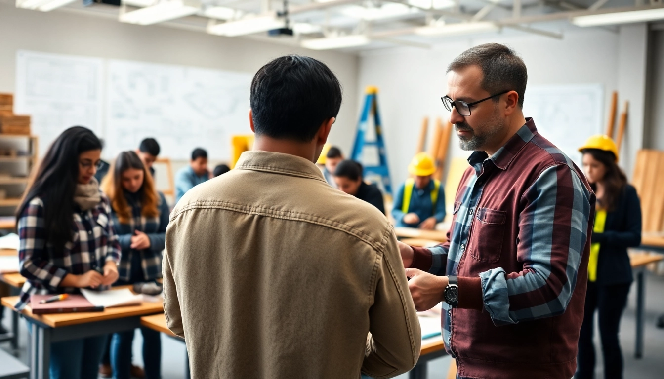Engaged students in construction education actively learning and practicing building techniques in a classroom setting.