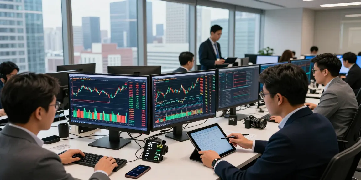 Traders analyzing stock market indices live with multiple screens and city views in a modern office setting.