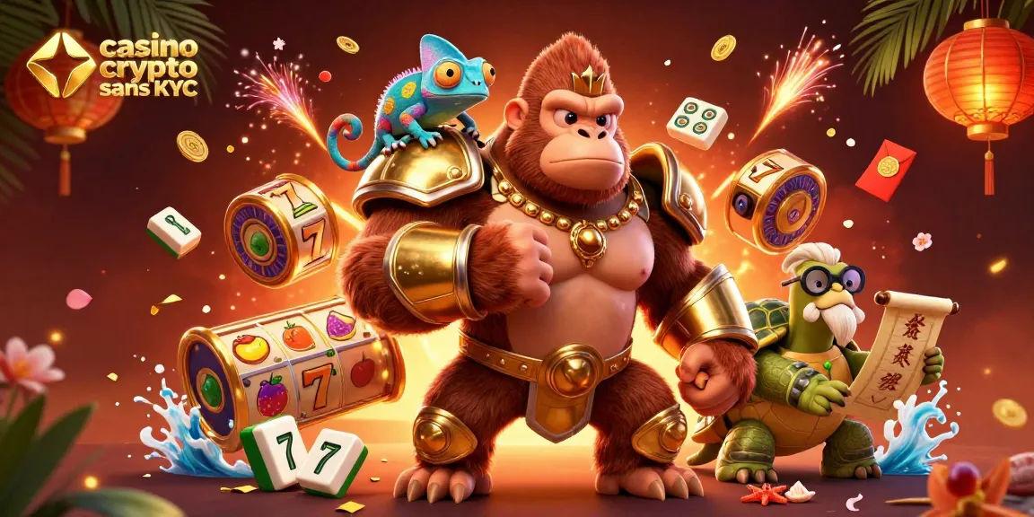 Illustration 3D : casino crypto sans KYC 2026 avec gorille, caméléon et tortue alors qu'ils célèbrent des gains.