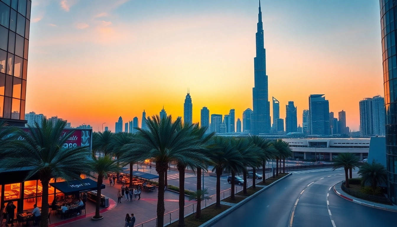 Experience the lively atmosphere of Dubai City with its stunning skyline at dusk and vibrant street life.