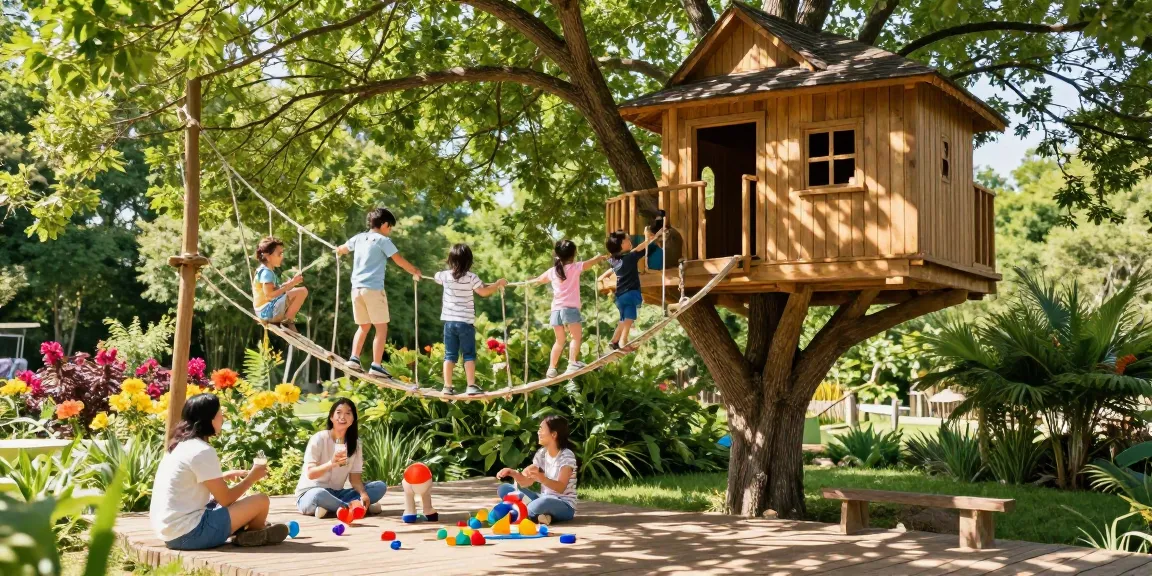 Family enjoying tree house life with children playing in a vibrant outdoor setting.