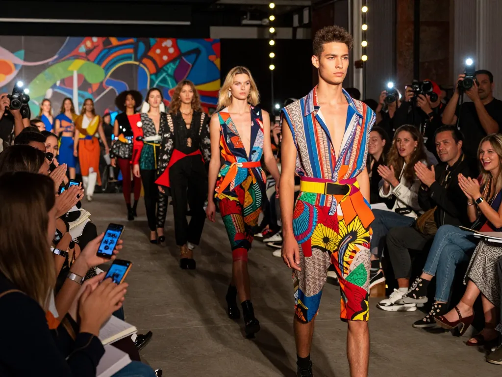 Exciting fashion runway show showcasing diverse models and innovative designs in an urban setting
