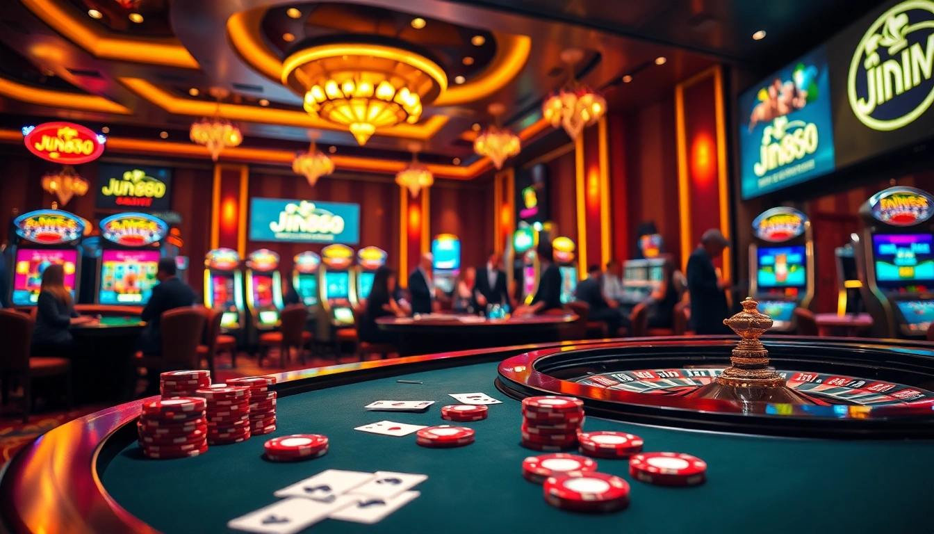 Exciting gaming scene showcasing Jun888 promotions at a luxurious casino table with roulette and cards.