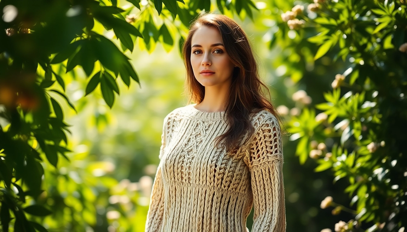 Showcase handcrafted fashion inspired by nature from https://www.ound-ound.com with a serene model in organic attire.
