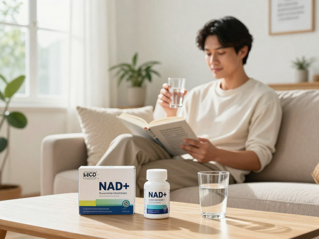 NAD+ Benefits highlighted in a calming home wellness scene with supplements and relaxation.
