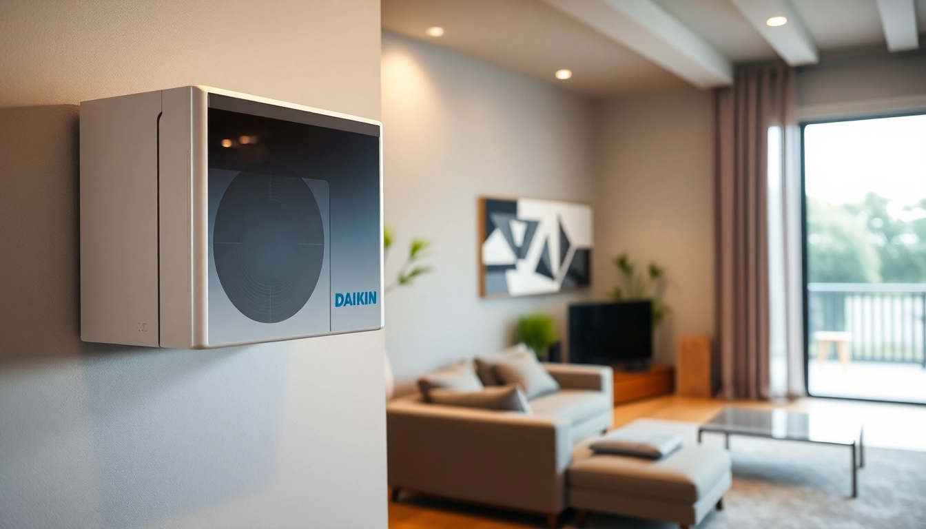 Install a Daikin mini split ac in a modern, stylish living room with natural light and sleek design.
