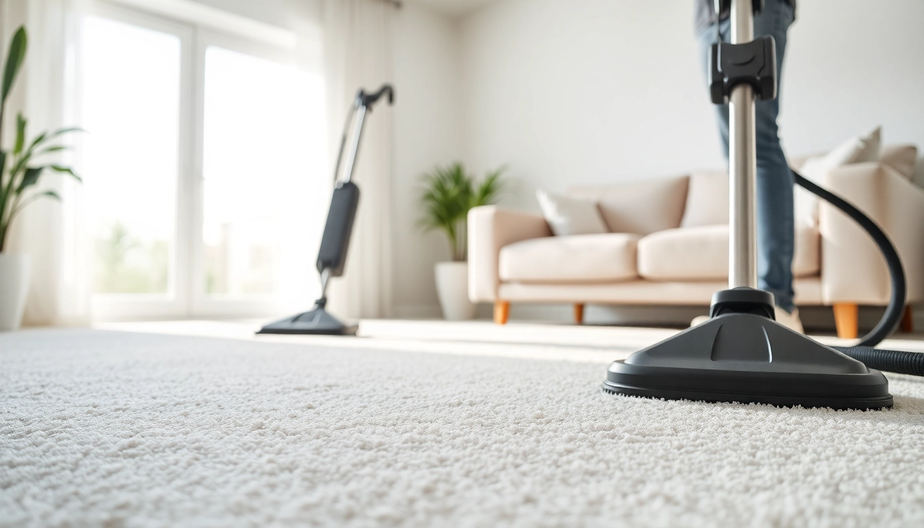 Engaged in carpet cleaning near me, a professional uses advanced equipment in a bright living room setting.
