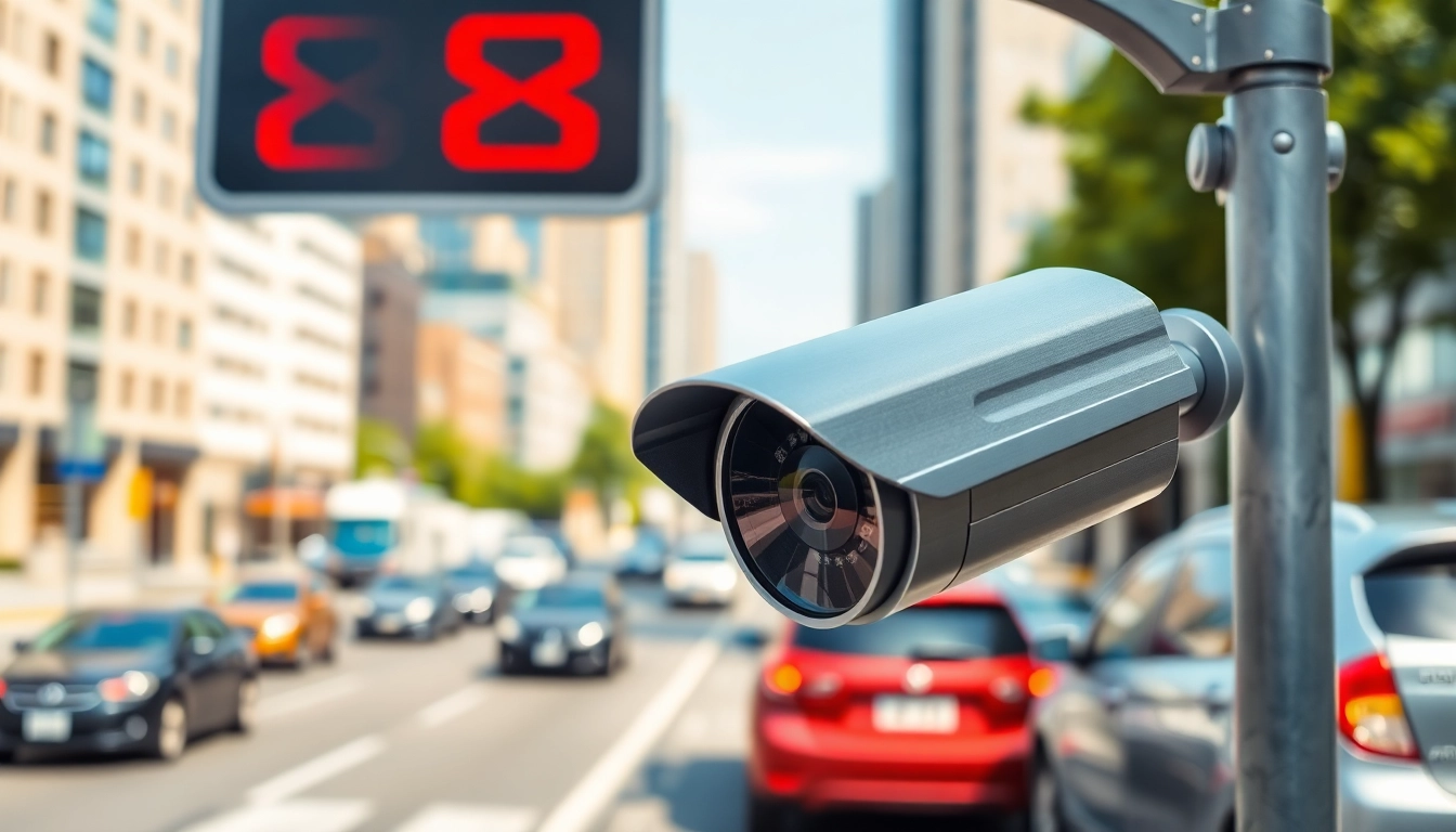 Automatic license plate recognition system in action capturing vehicle plates on a busy street.