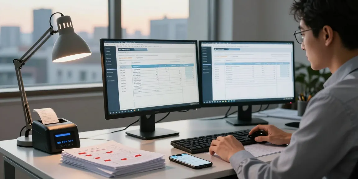 Detect fake invoice with serious professional examining documents in a modern office setting.