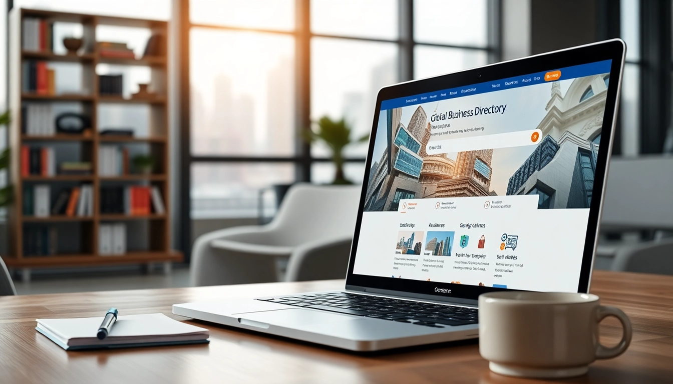 View of a professional global business directory website interface on a laptop screen.