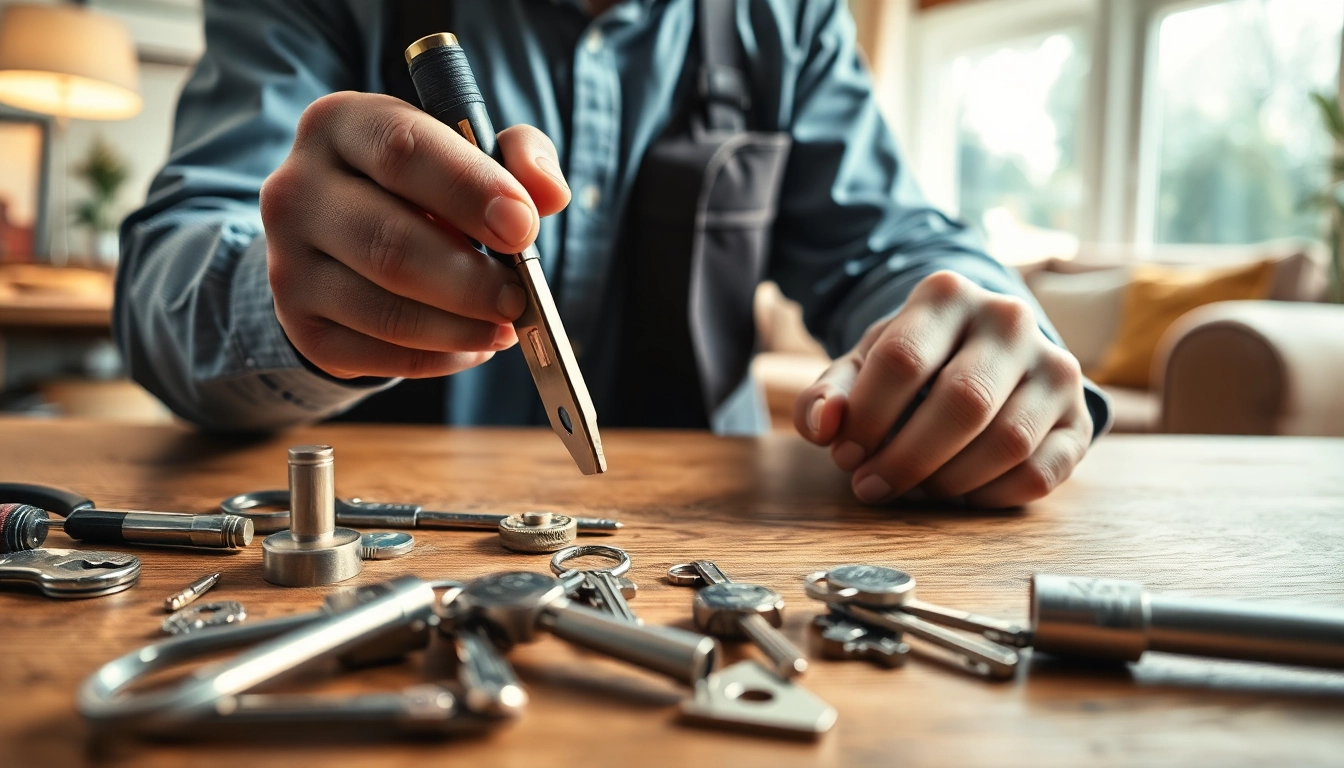 Locksmith near me providing essential home security services with professional tools in a cozy living room setting.