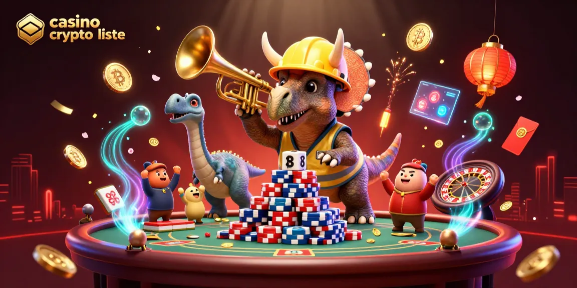 Illustration du casino crypto liste avec des personnages célébrant autour de jets de pièces et jeux de cartes en 3D.