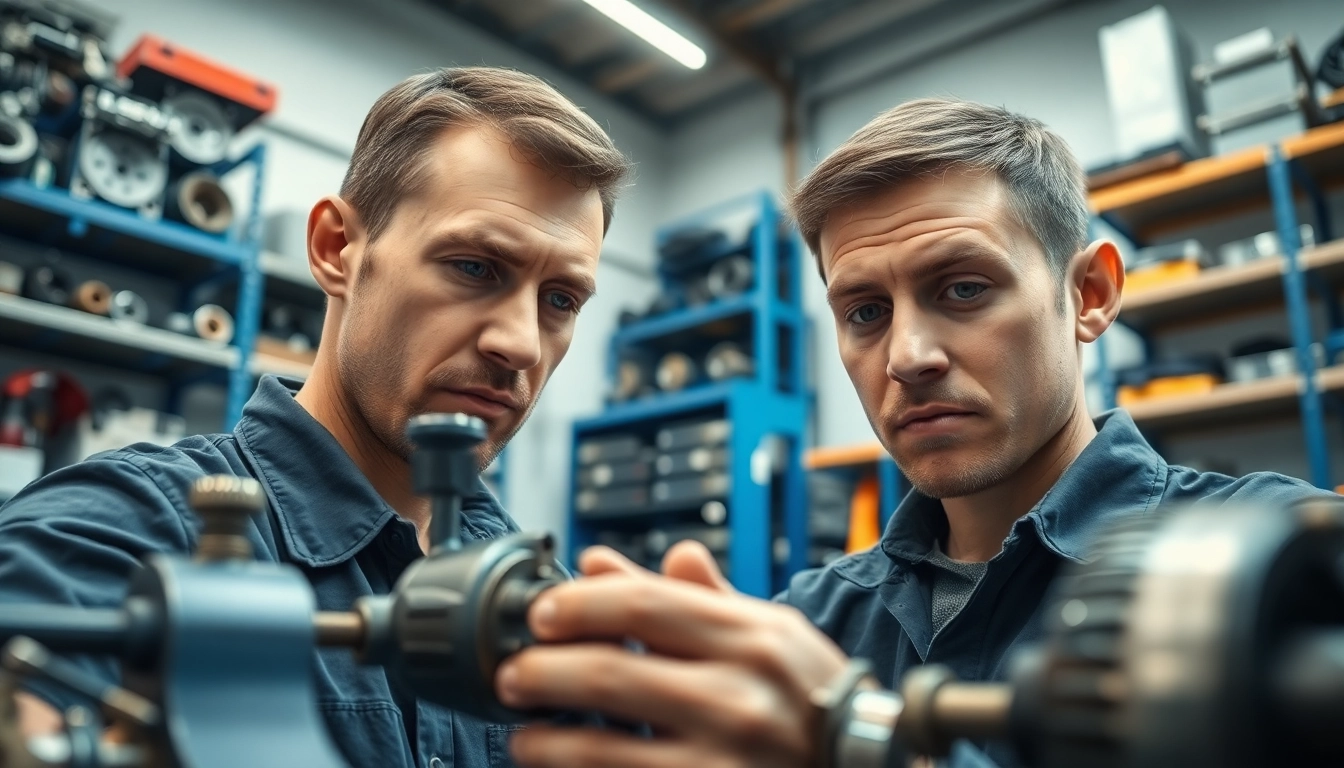Executing hydraulic cylinder repair with tools in a professional workshop showing expert technicians.