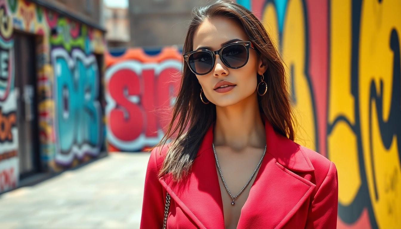Fashion model showcasing a stylish outfit against vibrant urban street art.