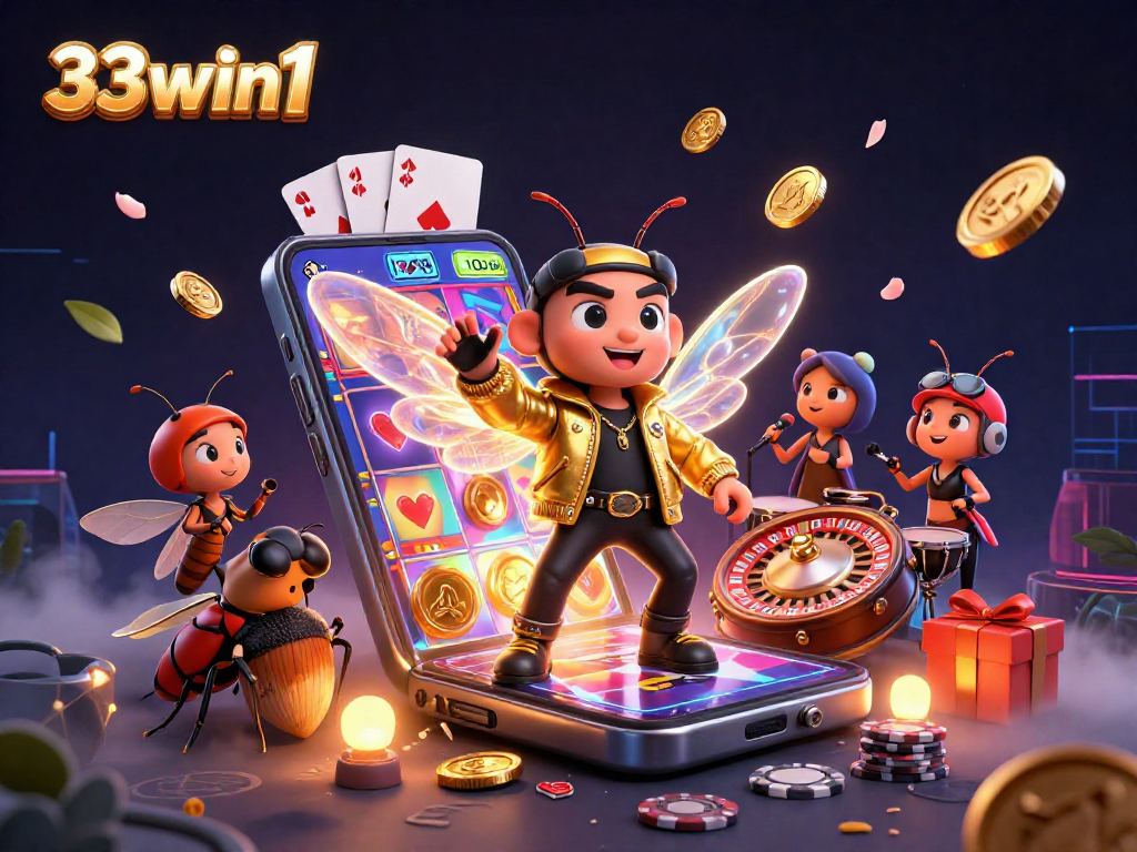 33win1 showcases a vibrant 3D casino scene with a rock star cicada amidst slot game excitement.