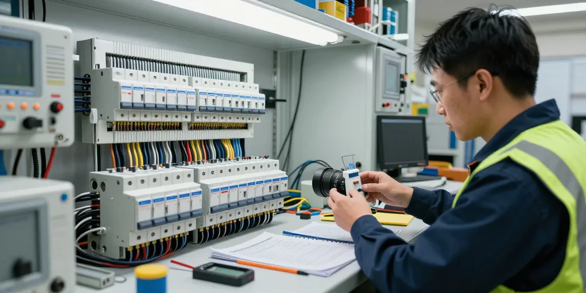 Technician analyzing an air circuit breaker in a well-lit industrial workshop, highlighting low-voltage components.