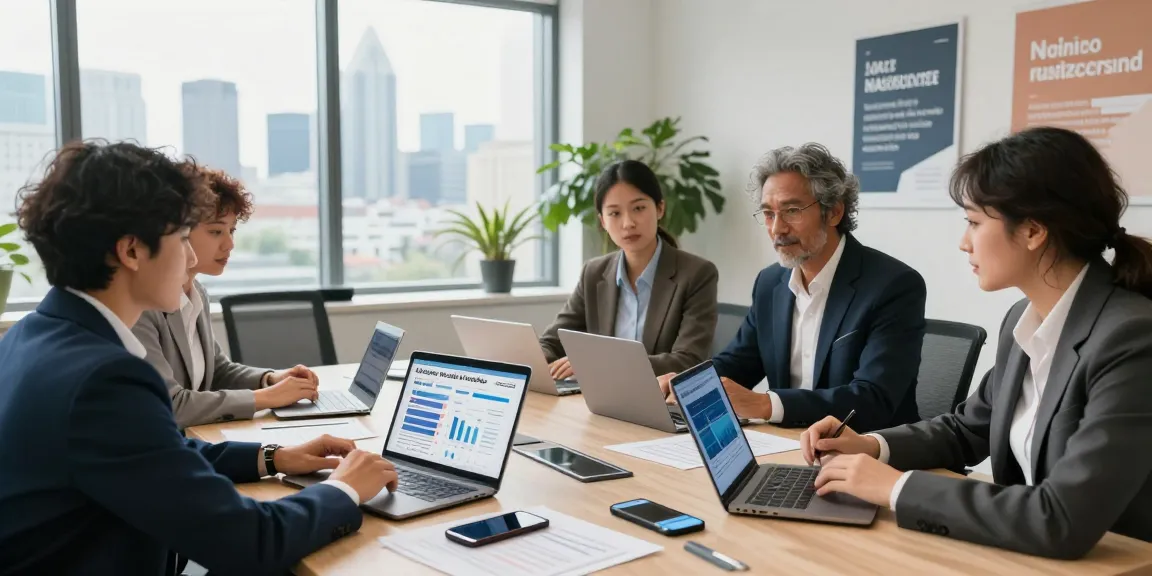 Team evaluating the best business mobile providers UK in a modern office setting.