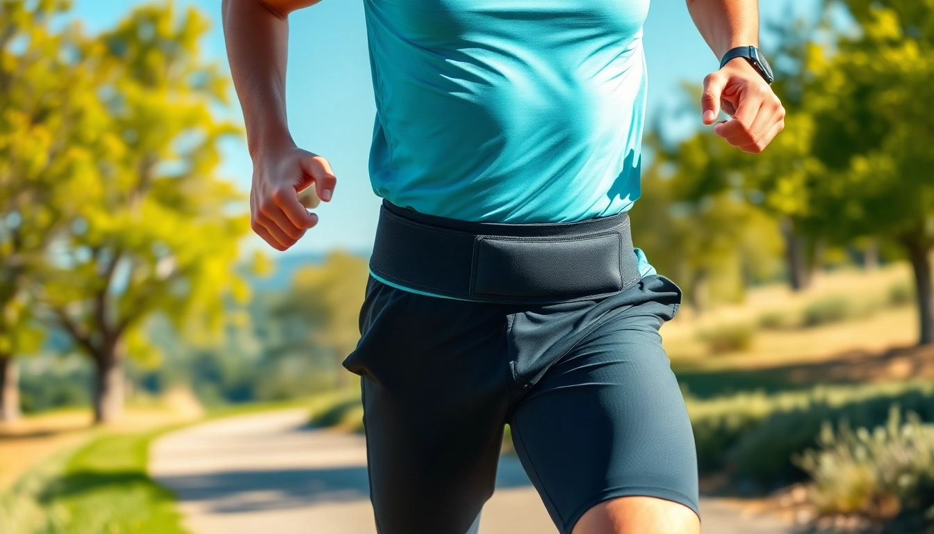 No bounce running belt worn by an agile runner in a scenic outdoor setting.